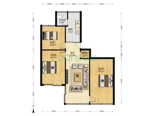 教师宿舍 3室1厅1卫 75平方