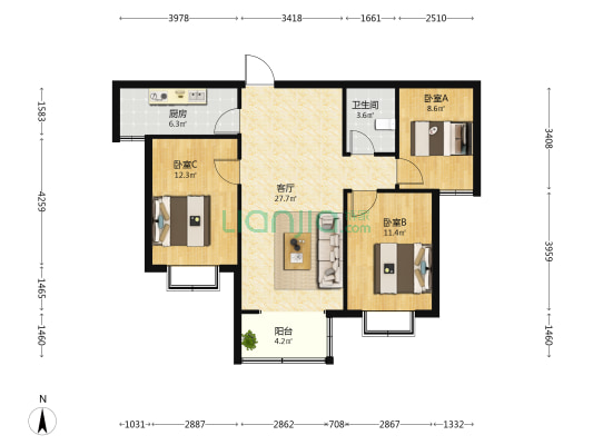 银泰佳苑 3室1厅1卫 107平方