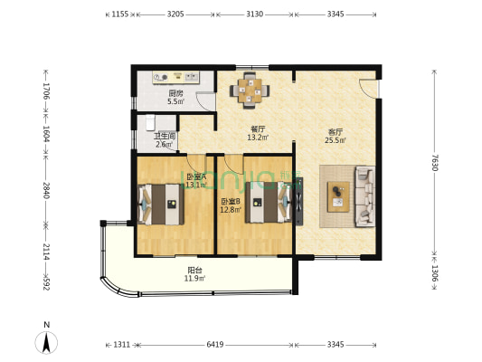 紫薇公寓 2室2厅1卫 98平方