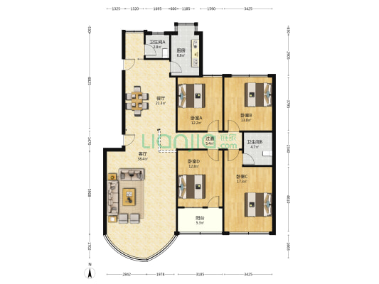 长沙县农业银行住宅楼 4室2厅2卫 167平方