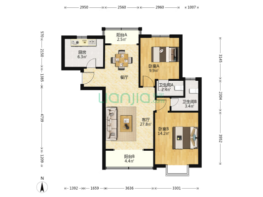 邻里苑 2室1厅2卫 89平方