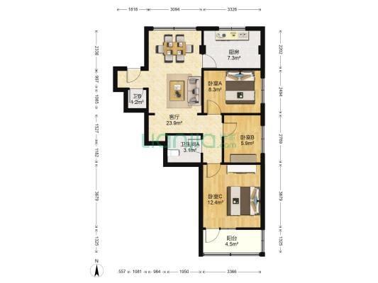国家粮食和物资储备局甘肃局住宅 3室1厅2卫 90平方