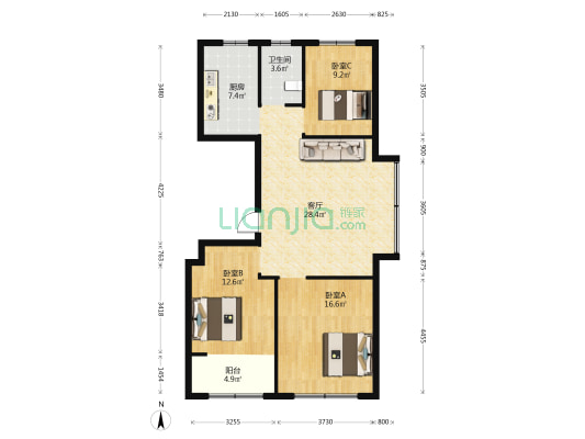高创谭里家园 3室1厅1卫 110平方