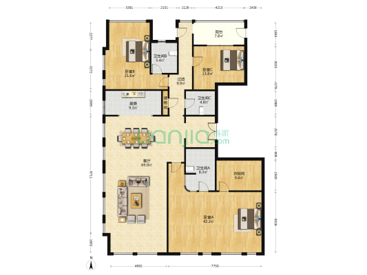 天玺240花园公馆 3室1厅3卫 245平方