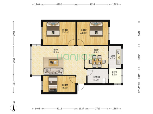 橄榄家园 3室2厅1卫 98平方