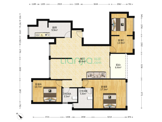 华业玫瑰四季馨园一期 3室1厅2卫 131平方