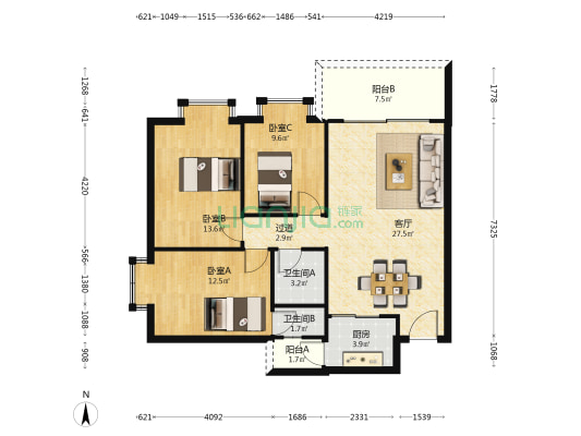 启明苑 3室1厅2卫 103平方