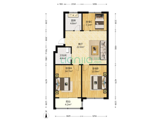 晨曦北园 3室1厅1卫 86平方