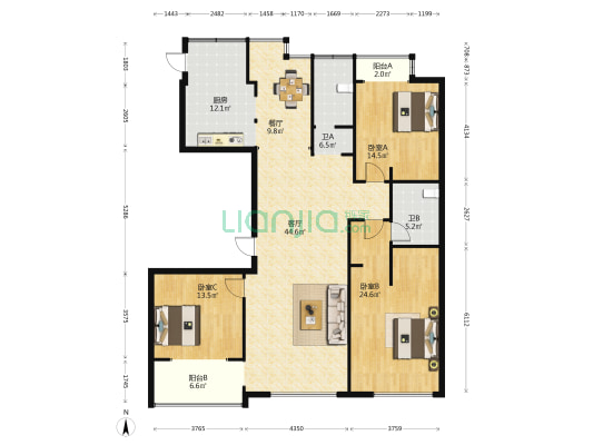 宝丽金庭 3室2厅2卫 167平方