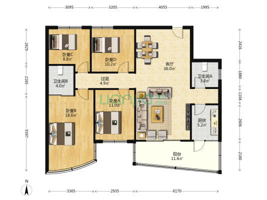 兴贵路36号 4室1厅2卫 128平方