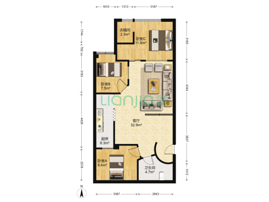 新重庆公寓 3室1厅1卫 95平方