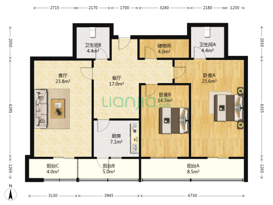 君利大厦 2室2厅2卫 150平方
