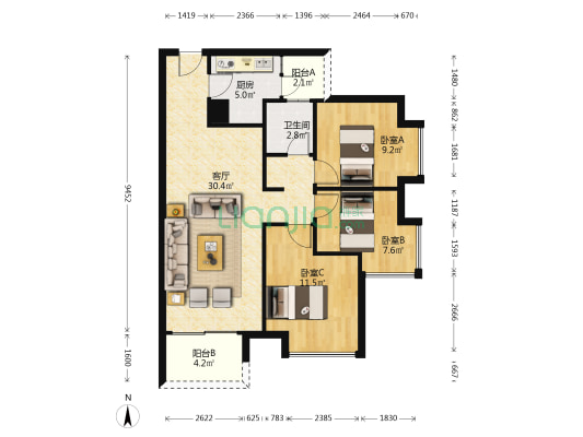 保利碧桂园领秀海 3室1厅1卫 92平方