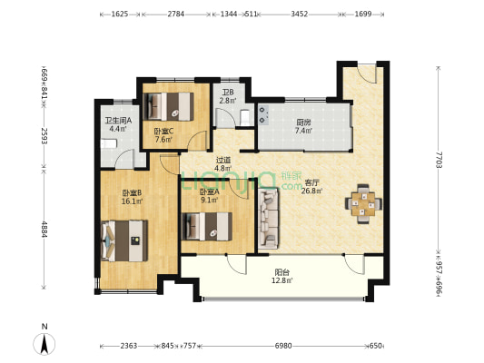 国信棠樾云邸 3室1厅2卫 114平方