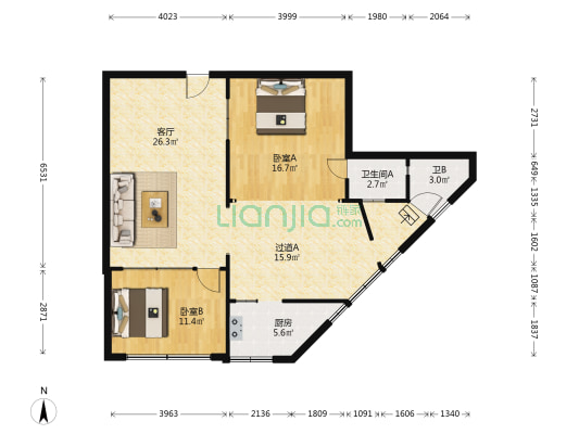 协和大厦 2室1厅2卫 106平方