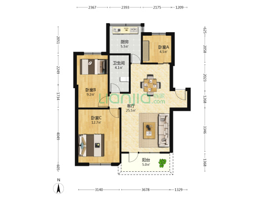 裕安花园 3室1厅1卫 75平方