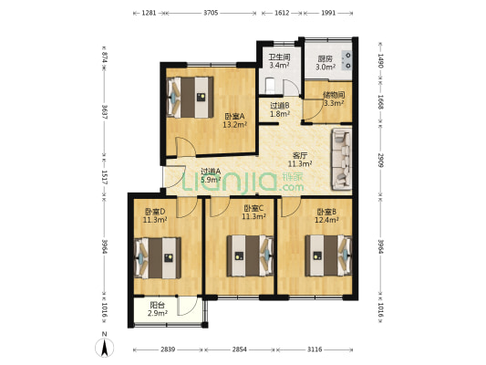 人民防空办宿舍 4室1厅1卫 92平方