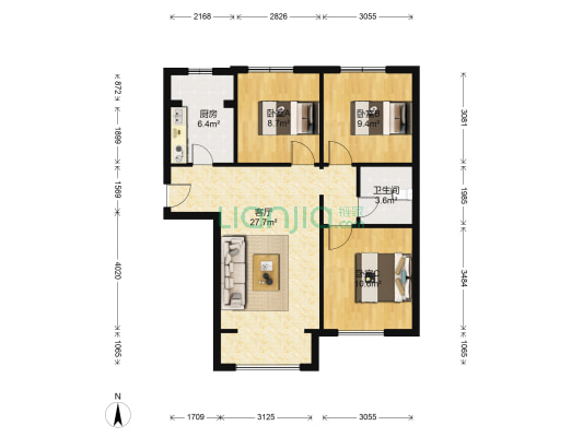 保利花园A区 3室1厅1卫 90平方