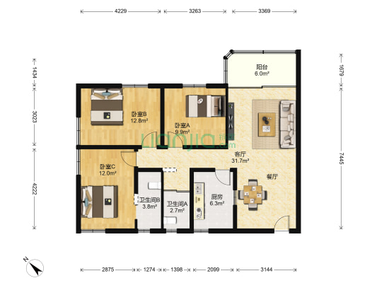 莲景花园 3室1厅2卫 107平方