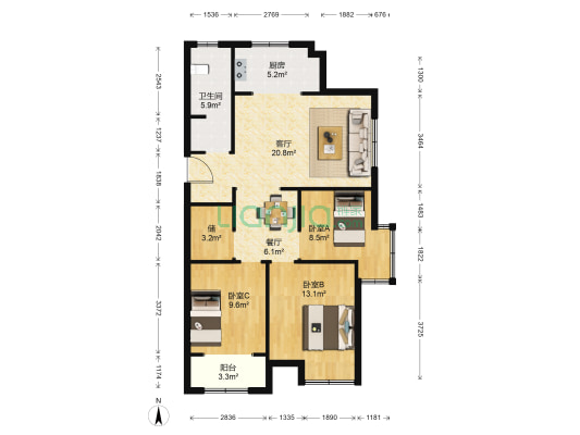 四合佳苑 3室2厅1卫 108平方