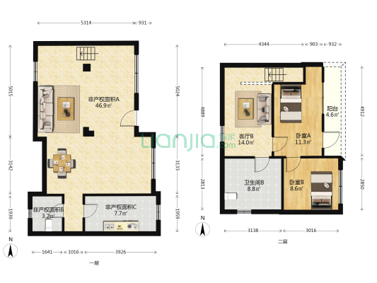 刘家沟 2室2厅2卫 56平方
