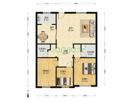 大自然电商园 2室2厅2卫 122平方
