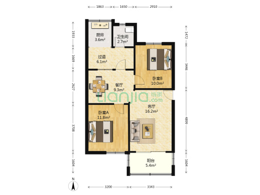 设计院宿舍 2室2厅1卫 76平方