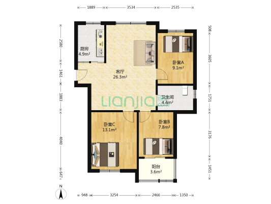 盘欣家园 3室1厅1卫 100平方
