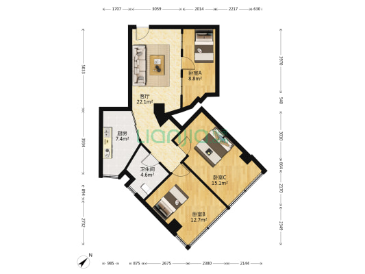 东方大厦 3室1厅1卫 98平方