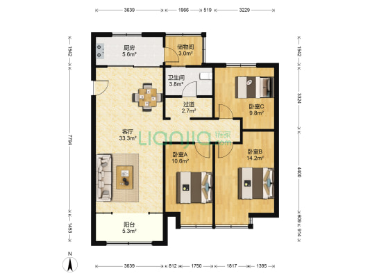 景和山庄 3室1厅1卫 124平方