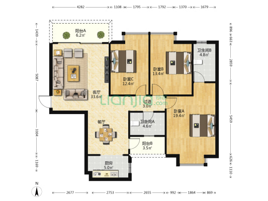 华庭名居 3室1厅2卫 132平方