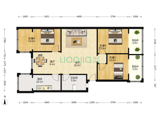 新南苑 3室2厅1卫 118平方
