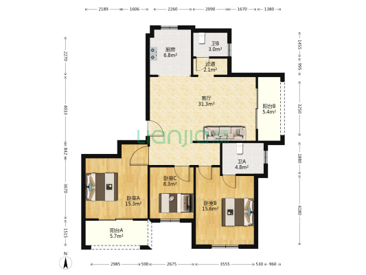 双凤二期南区 3室1厅2卫 122平方