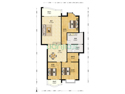 鹏程花园 3室2厅1卫 136平方