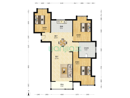 凤凰华庭(通州区) 3室2厅1卫 135平方