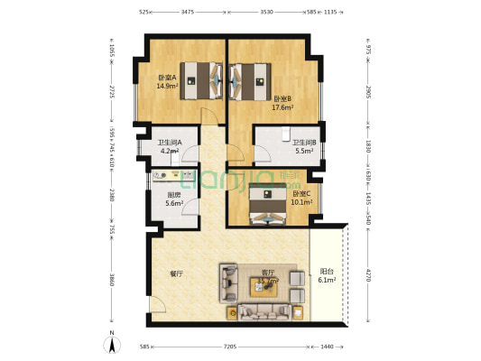 万丰商住区 3室1厅2卫 129平方