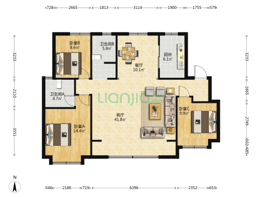 远洋万和府 3室2厅2卫 126平方