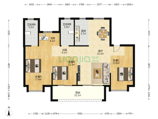 中昂耀江华府 4室1厅2卫 133平方