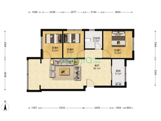 建兴花园96.8平，三室，精装，154万-户型图