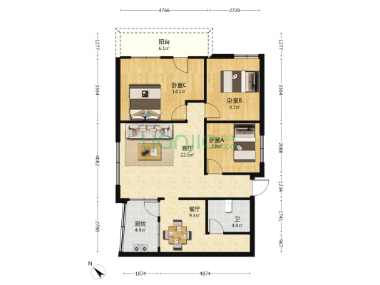 诚业大厦 3室2厅1卫 94平方