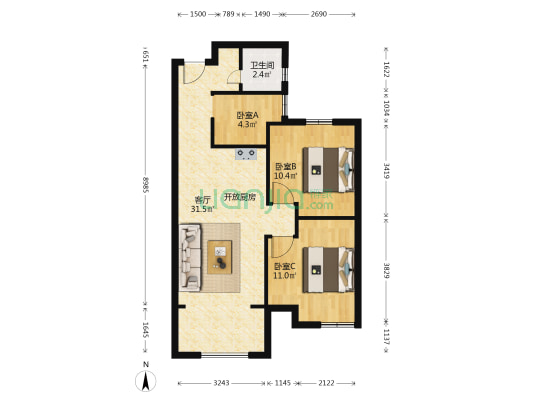 凤泽新苑 3室1厅1卫 75平方