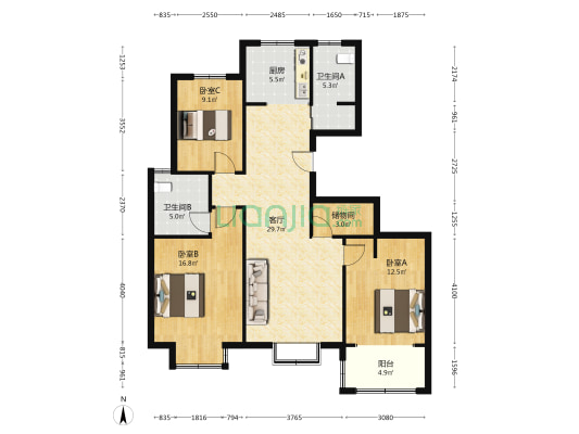 凤城帝景 3室1厅2卫 117平方