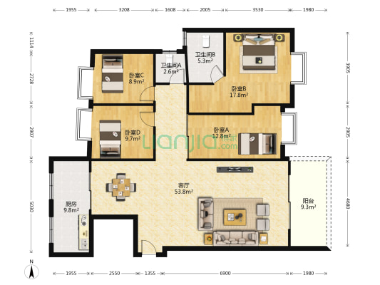 万和国际公馆 4室1厅2卫 170平方