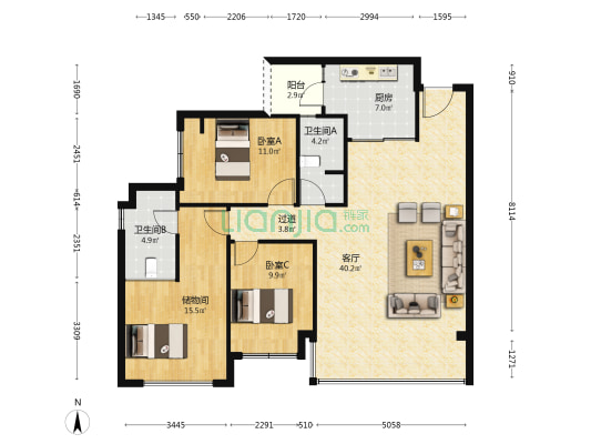 中建映锦江 2室1厅2卫 124平方
