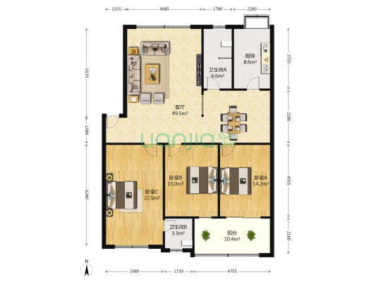中国银行家属院 3室1厅2卫 148平方