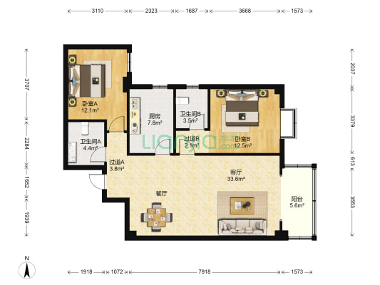 开元住宅 2室1厅2卫 114平方