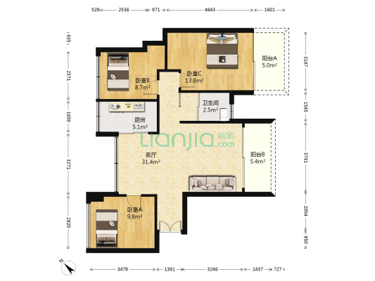 东港印象B区 3室1厅1卫 88平方