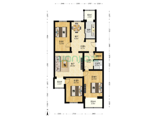 朱各庄12号院 3室2厅1卫 112平方