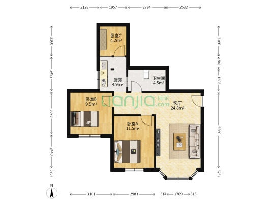 铝建路59号 3室1厅1卫 77平方