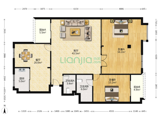瑞虹景园 2室2厅2卫 155平方